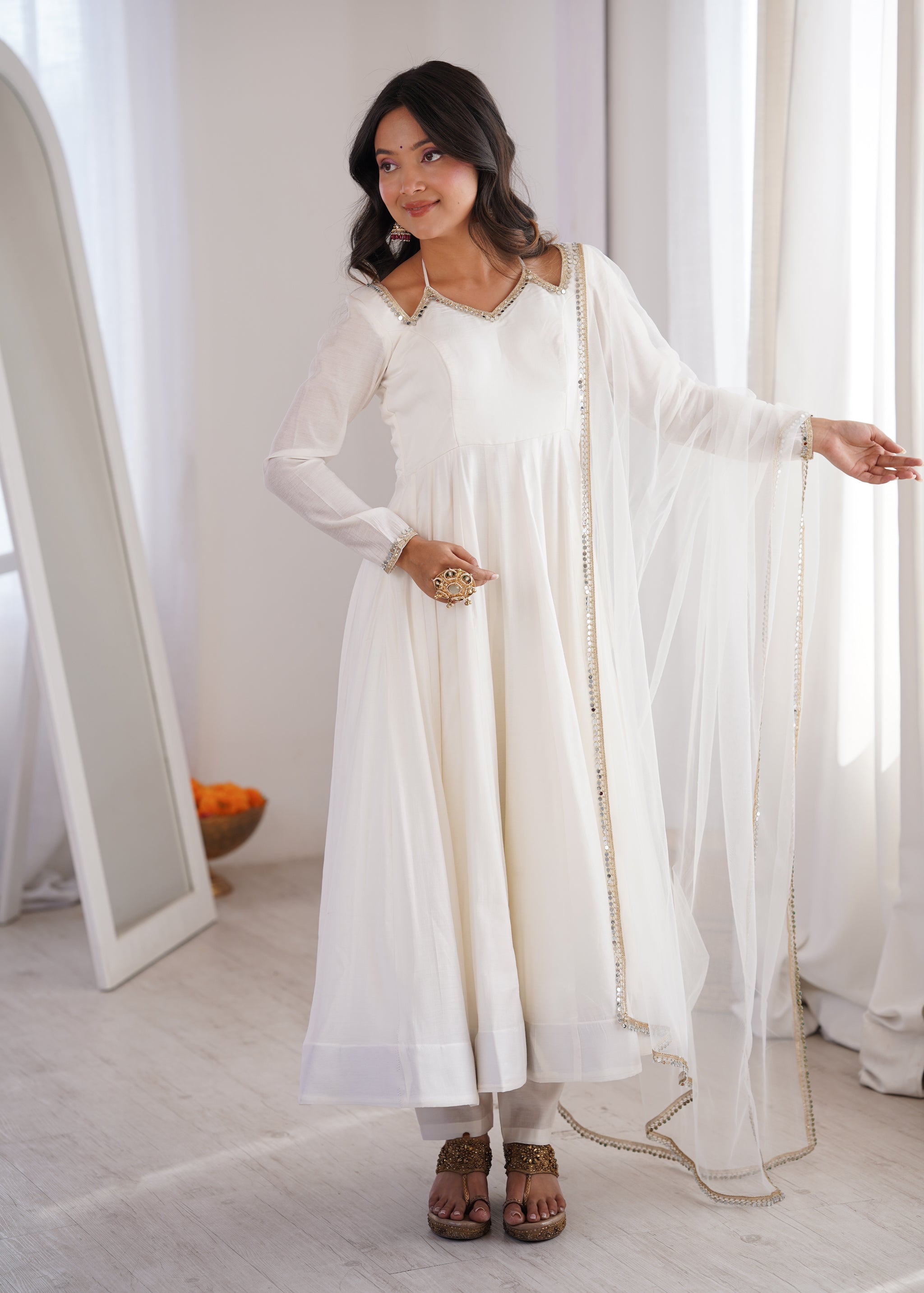White Color Chanderi Roman Silk Three Piece Anarkali Suit