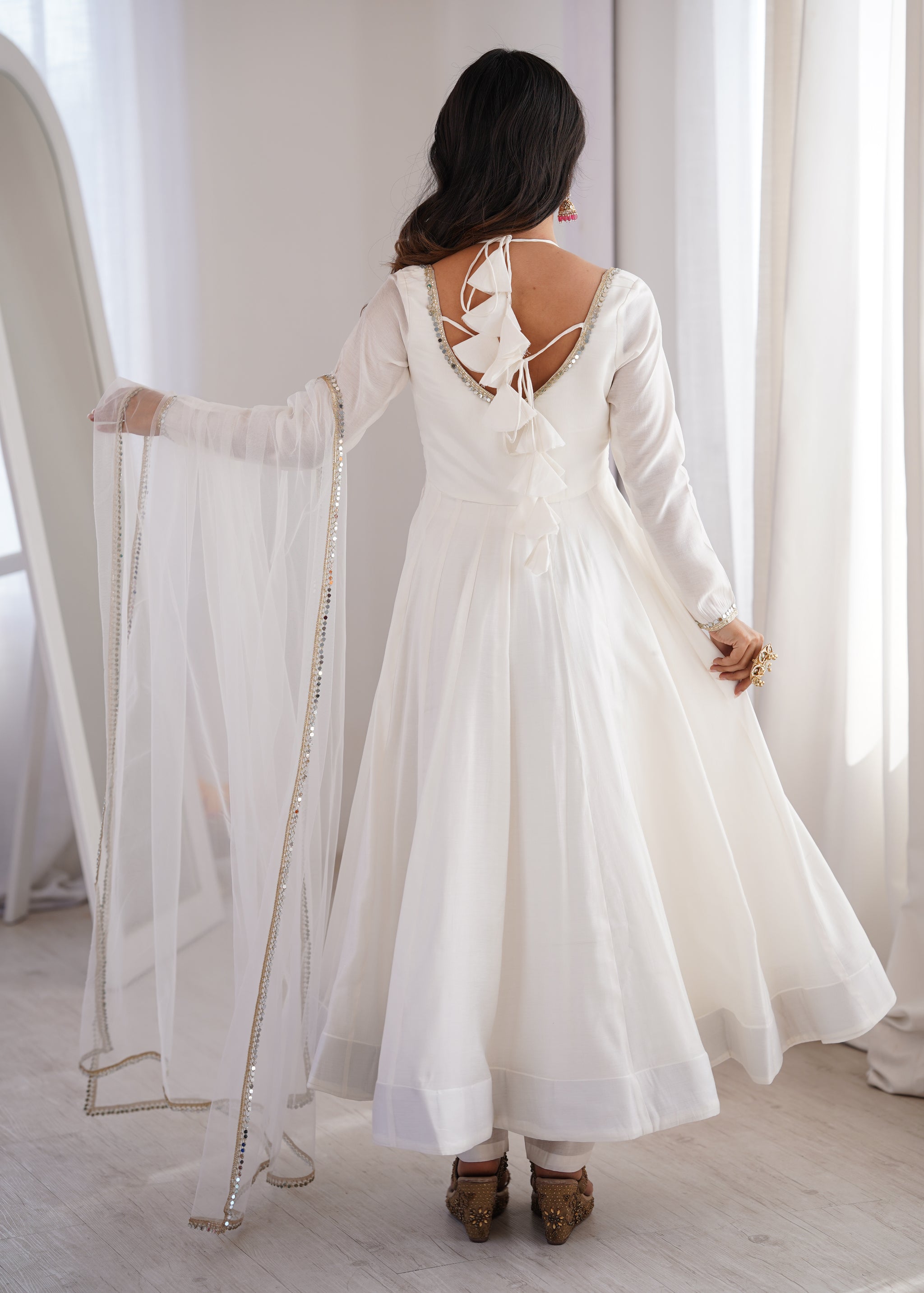 White Color Chanderi Roman Silk Three Piece Anarkali Suit