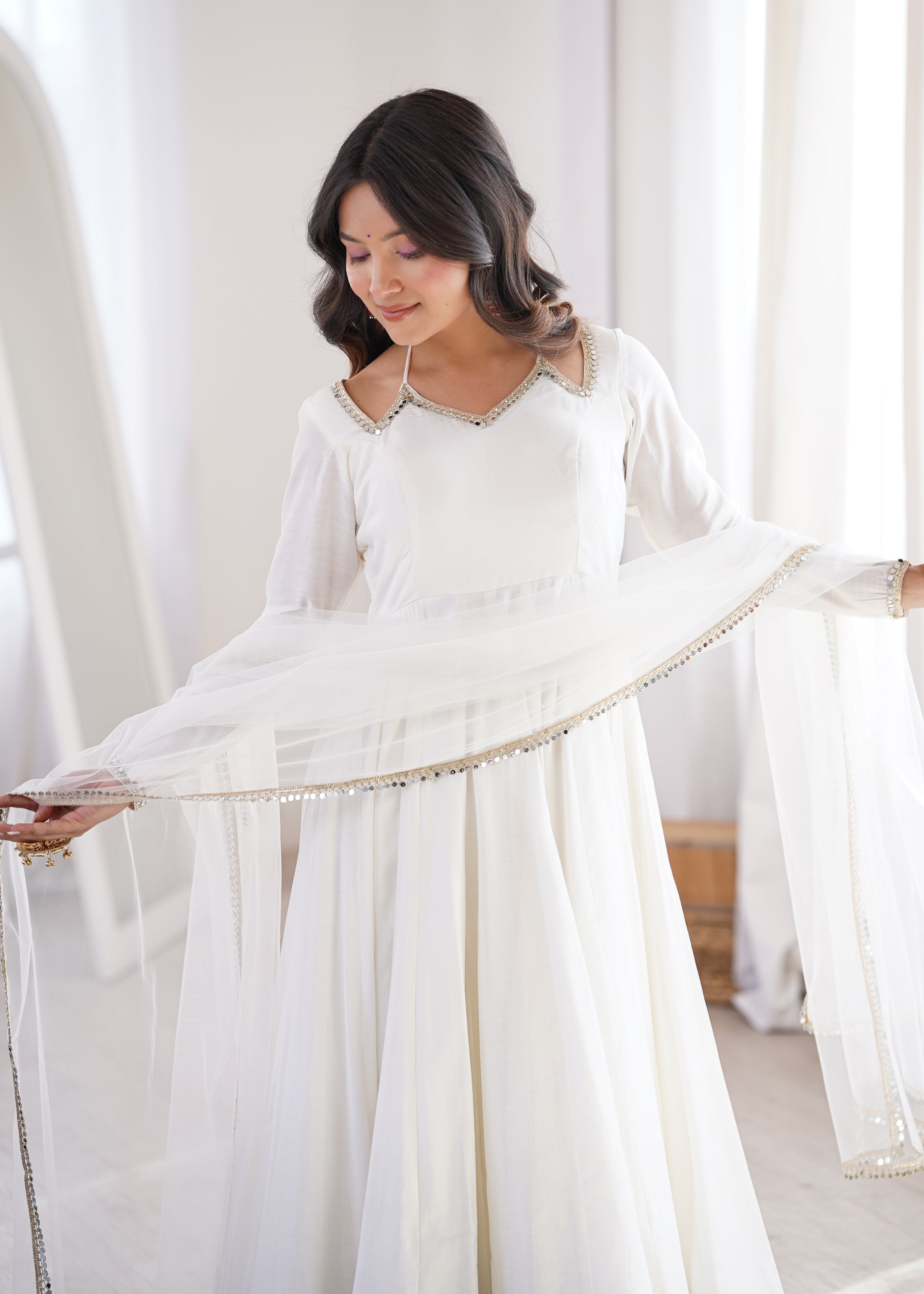 White Color Chanderi Roman Silk Three Piece Anarkali Suit