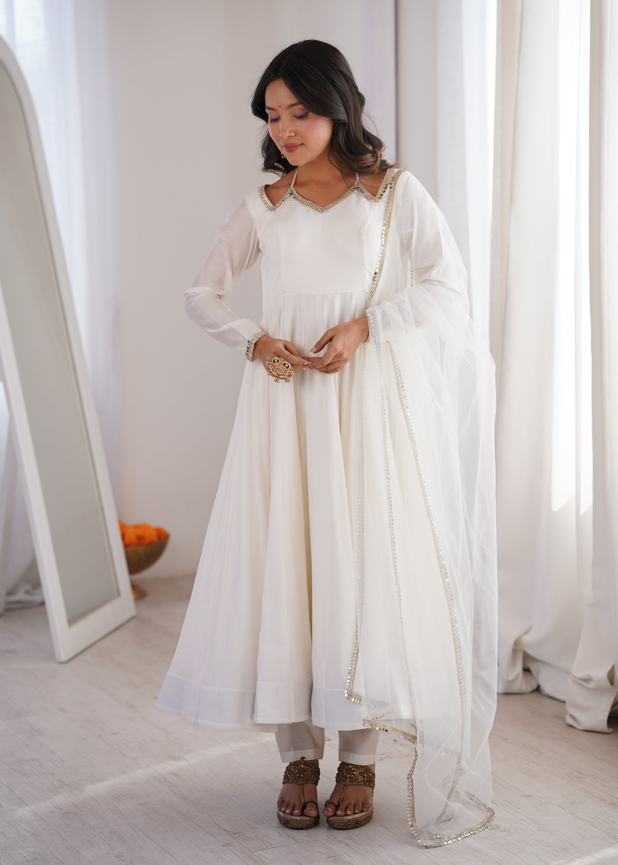 White Color Chanderi Roman Silk Three Piece Anarkali Suit