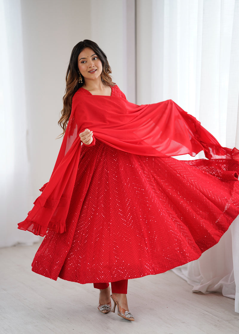 Red Color Georgette Lucknowi Three Piece Anarkali Suit (Copy)