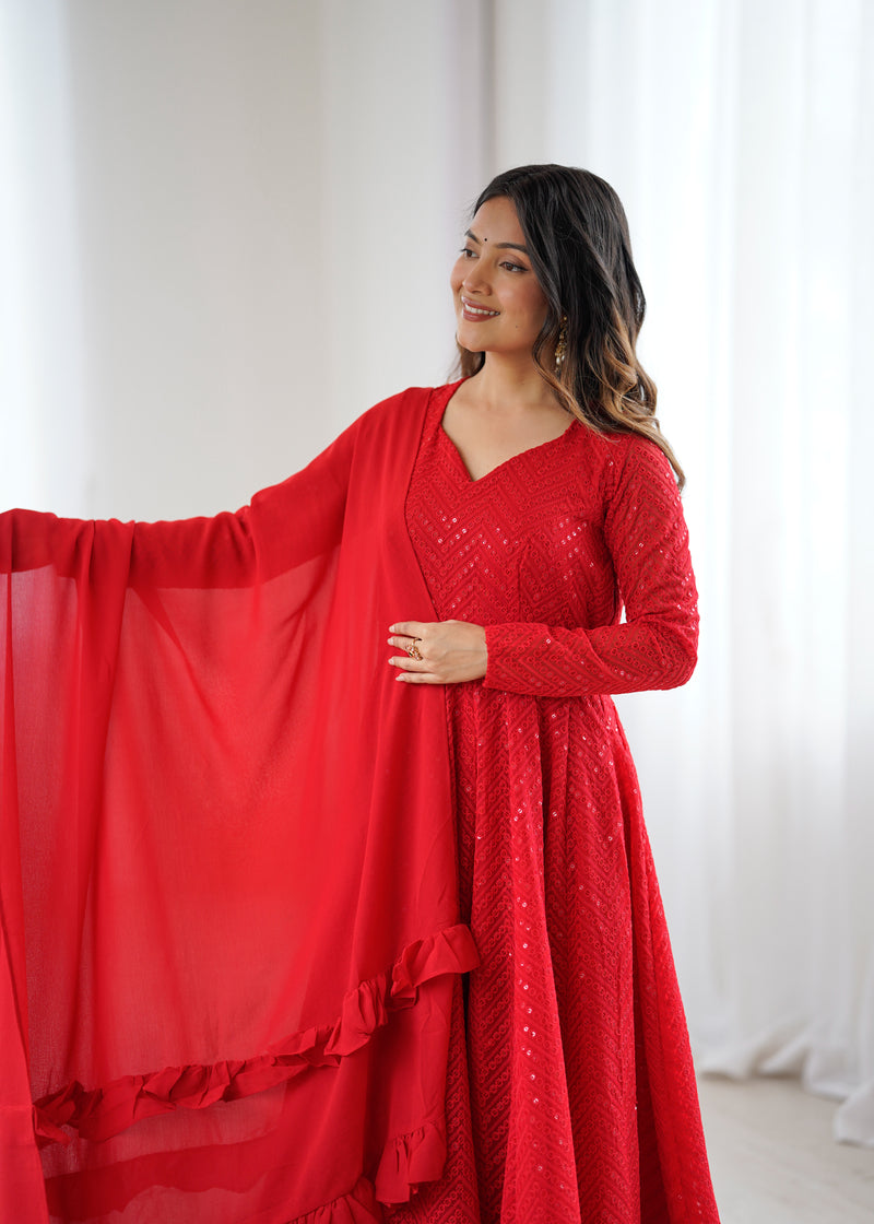Red Color Georgette Lucknowi Three Piece Anarkali Suit (Copy)