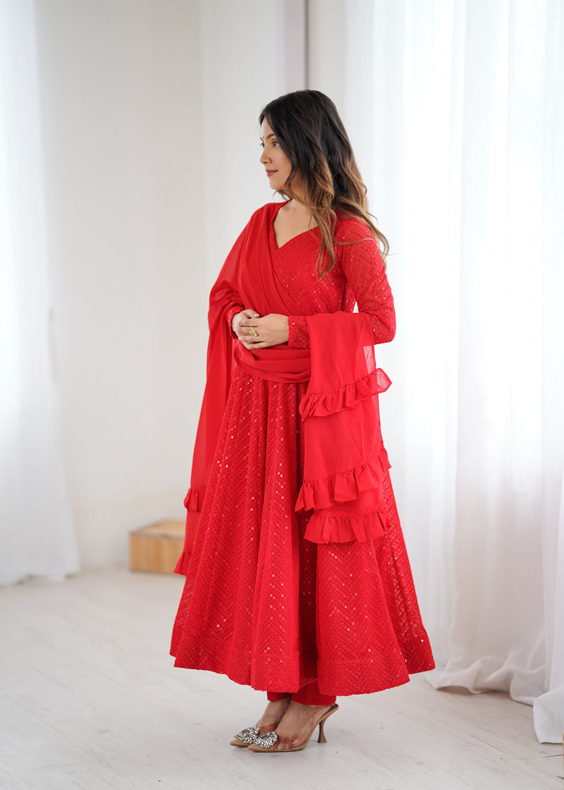 Red Color Georgette Lucknowi Three Piece Anarkali Suit (Copy)