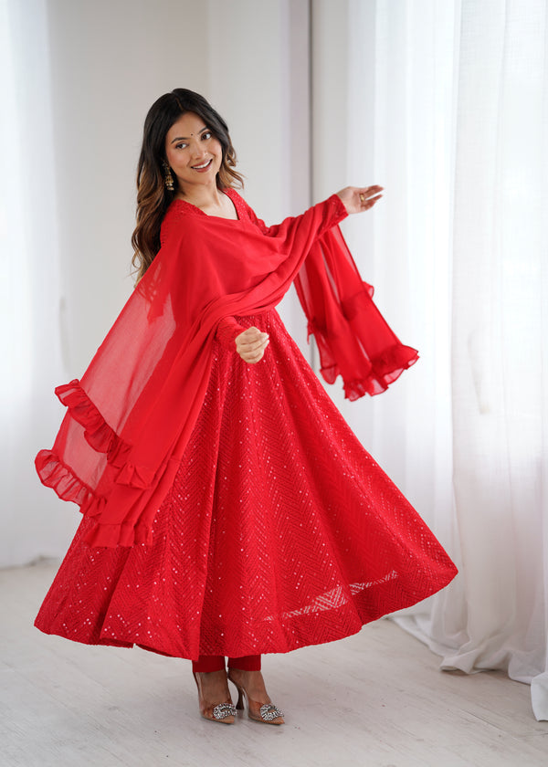 Red Color Georgette Lucknowi Three Piece Anarkali Suit (Copy)