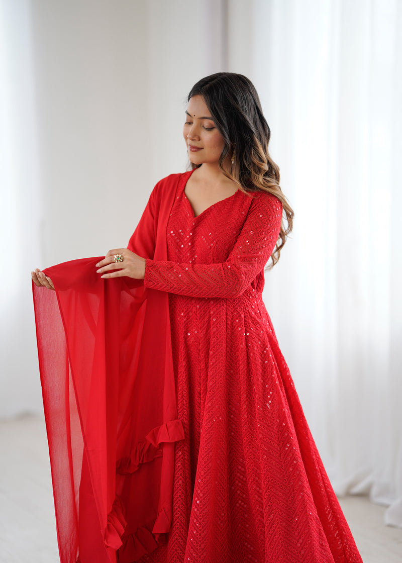 Red Color Georgette Lucknowi Three Piece Anarkali Suit (Copy)