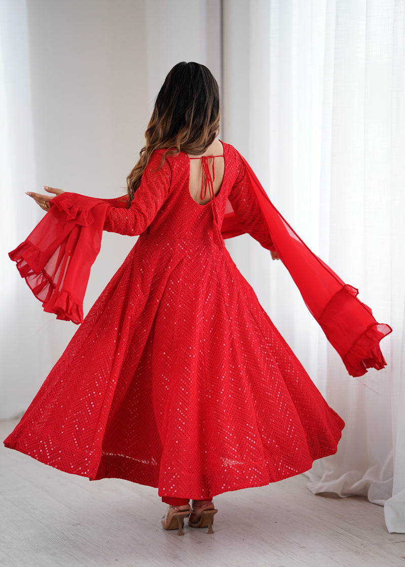 Red Color Georgette Lucknowi Three Piece Anarkali Suit (Copy)