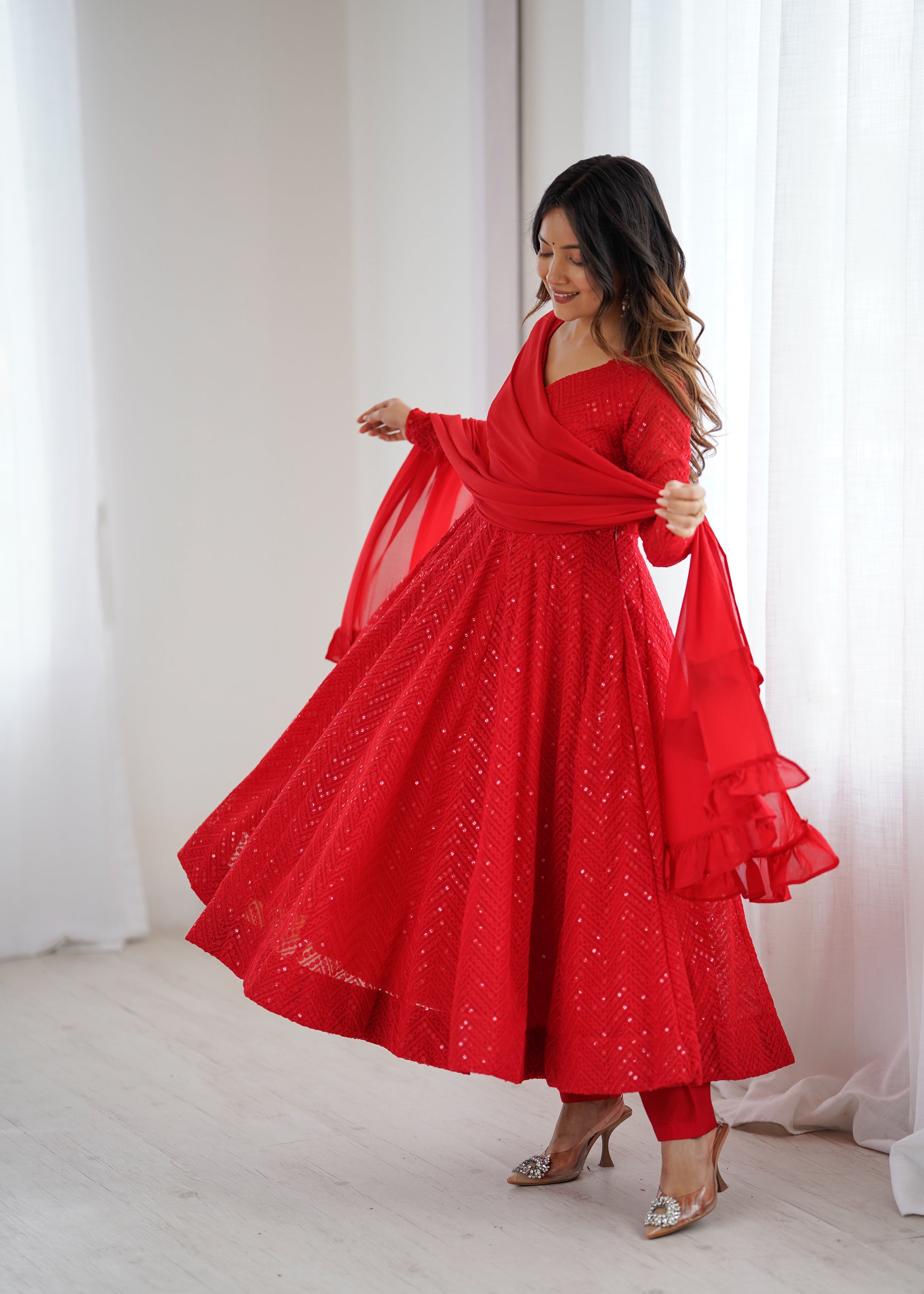 Red Color Georgette Lucknowi Three Piece Anarkali Suit (Copy)