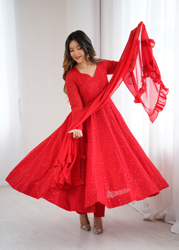 Red Color Georgette Lucknowi Three Piece Anarkali Suit (Copy)