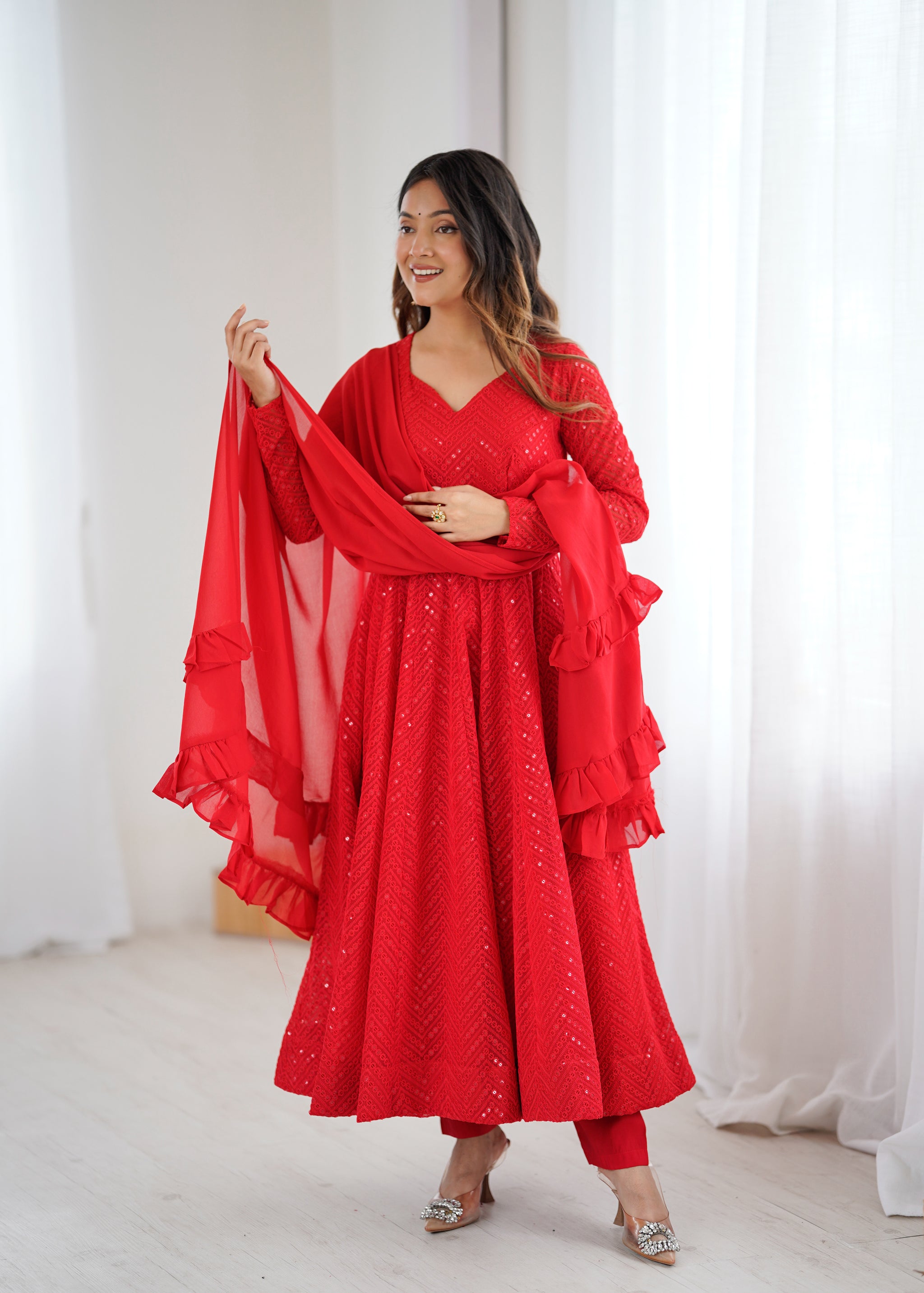 Red Color Georgette Lucknowi Three Piece Anarkali Suit (Copy)