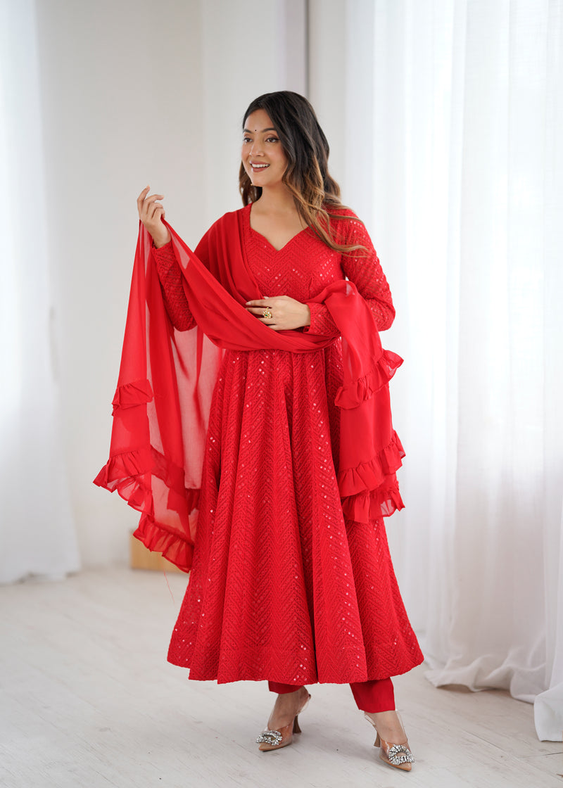 Red Color Georgette Lucknowi Three Piece Anarkali Suit (Copy)