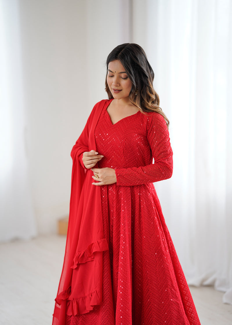Red Color Georgette Lucknowi Three Piece Anarkali Suit (Copy)