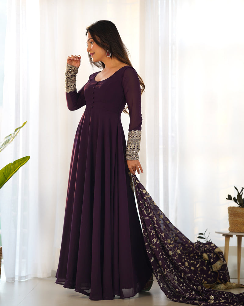 Presenting New Wine Georgette Gown Dupatta Full Set With Pent Ready To Wear