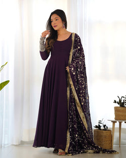 Presenting New Wine Georgette Gown Dupatta Full Set With Pent Ready To Wear