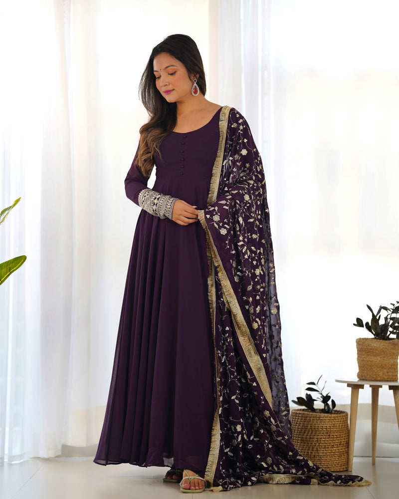 Presenting New Wine Georgette Gown Dupatta Full Set With Pent Ready To subhvastra