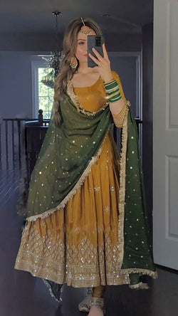Mustered Color Anarkali Gown With Green Dupatta