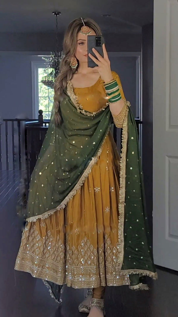 Mustered Color Anarkali Gown With Green Dupatta – subhvastra