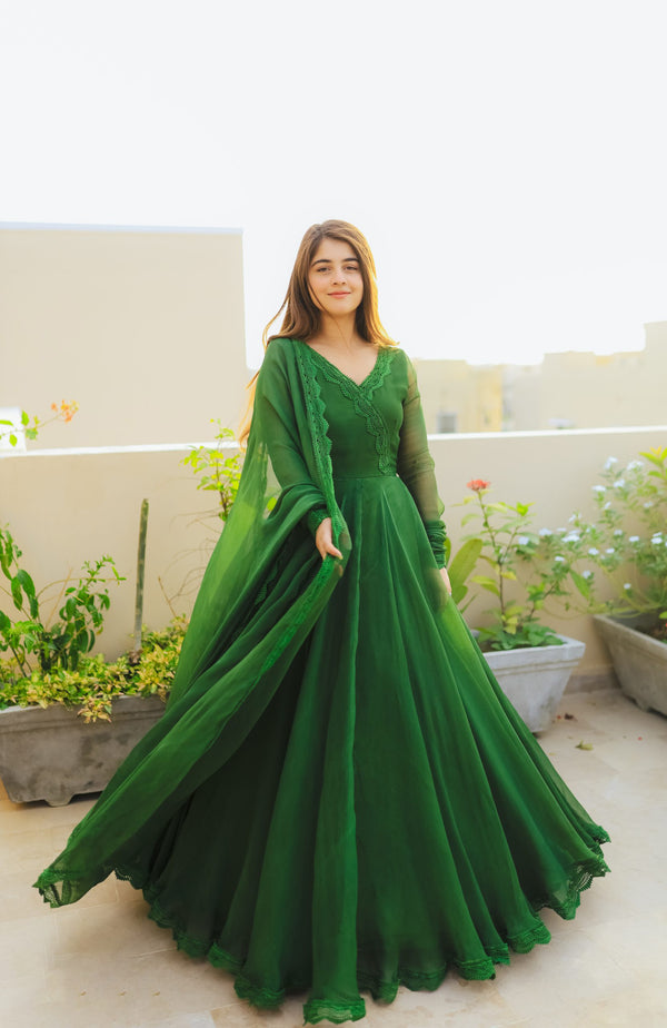 Green Long Flair Anarkali With Dupatta