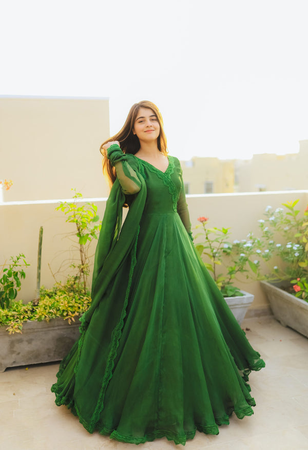 Green Long Flair Anarkali With Dupatta