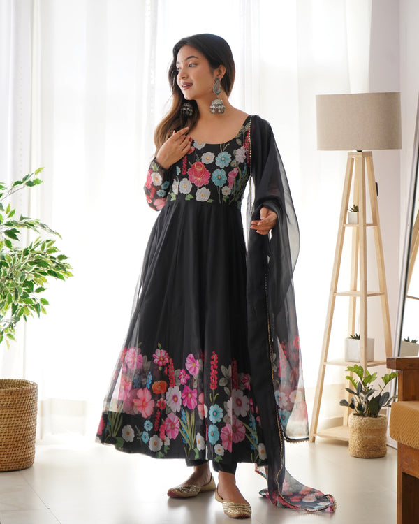 Floral Organza Anarkali With Dupatta And Pant