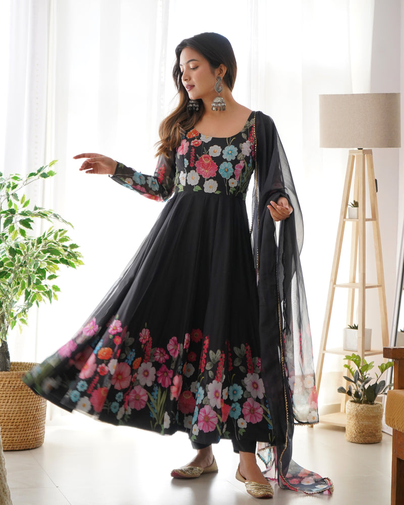 Floral Organza Anarkali With Dupatta And Pant