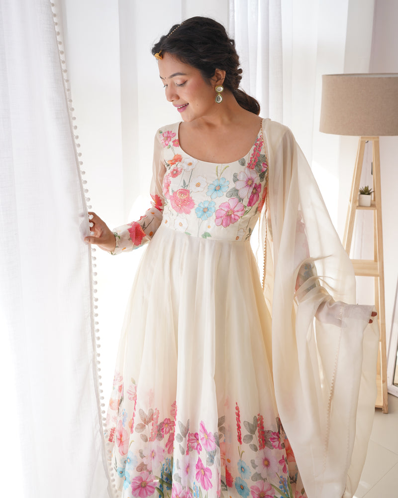 Nitara Off White Floral Print With Handwork Organza Anarkali