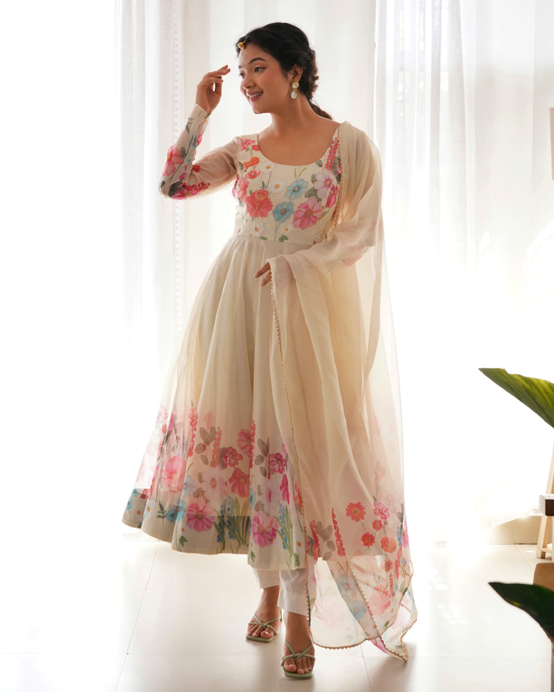 Nitara Off White Floral Print With Handwork Organza Anarkali