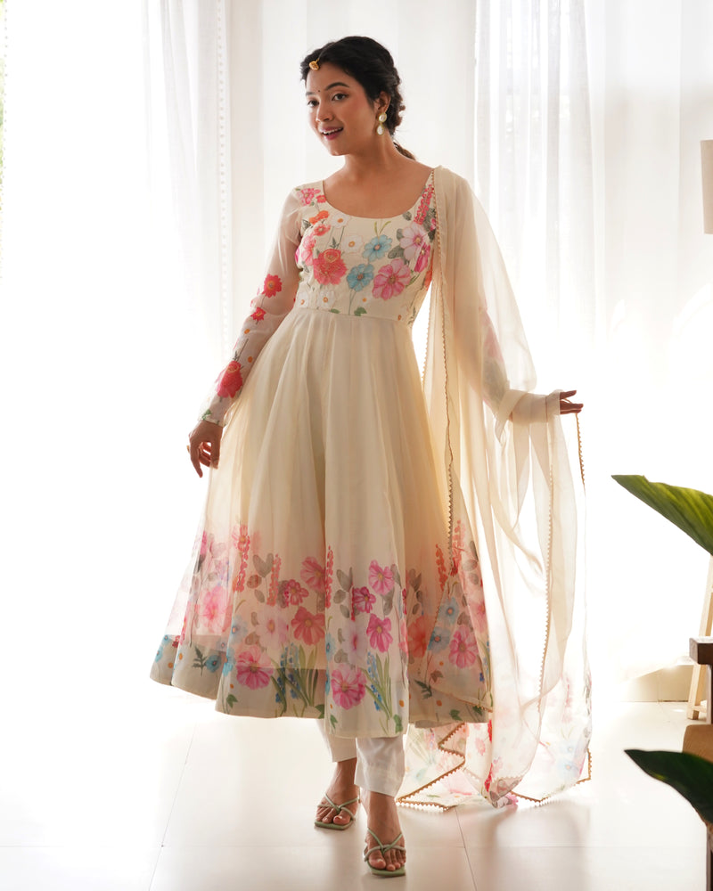 Nitara Off White Floral Print With Handwork Organza Anarkali