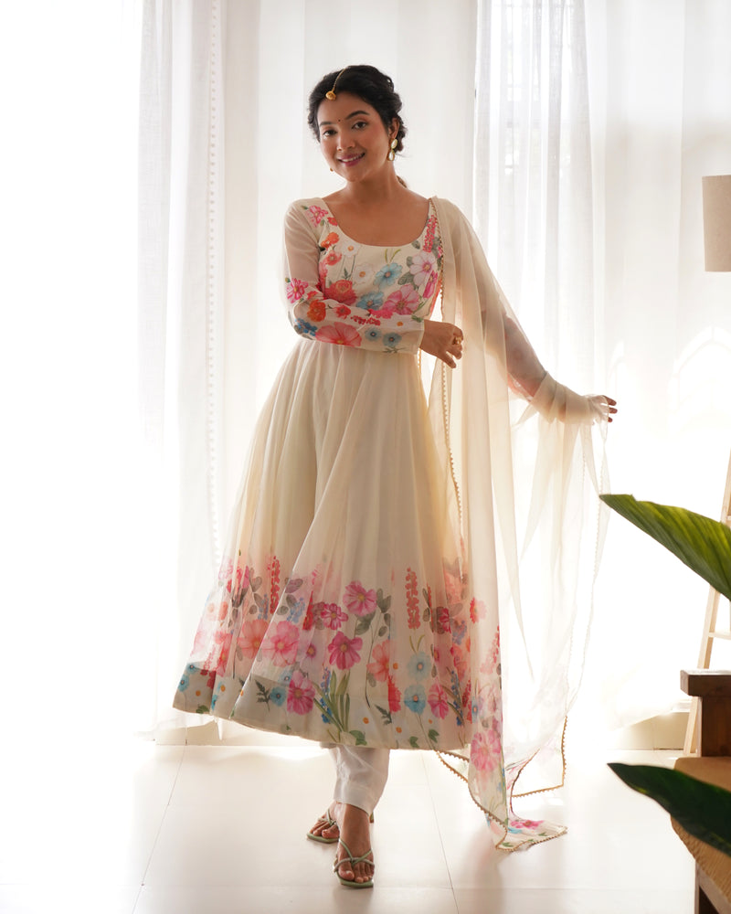 Nitara Off White Floral Print With Handwork Organza Anarkali