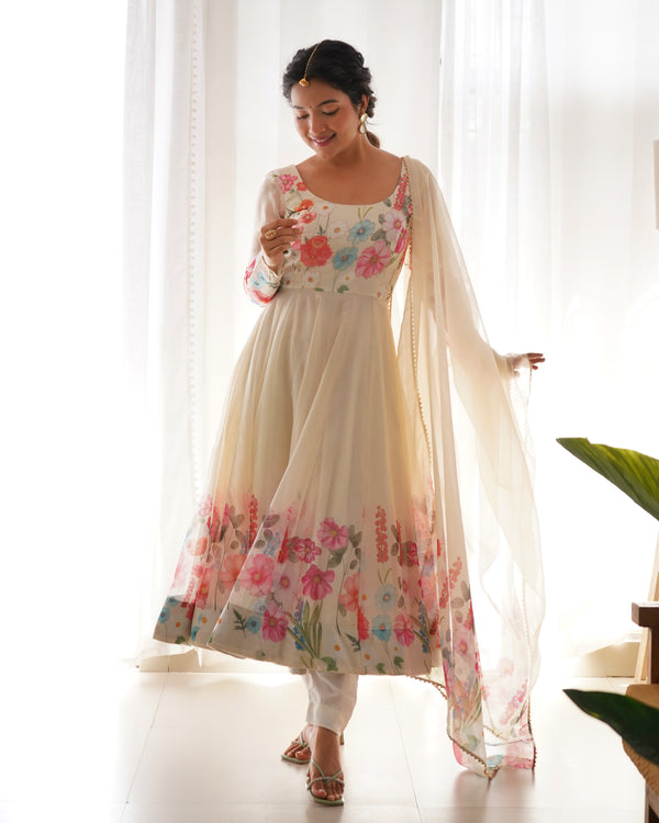 Nitara Off White Floral Print With Handwork Organza Anarkali