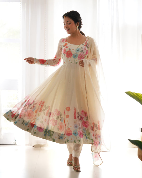 Nitara Off White Floral Print With Handwork Organza Anarkali