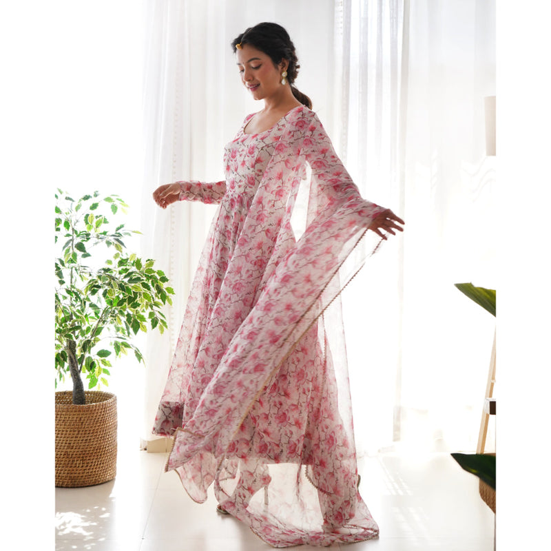 Pink Flower Pure Organza Silk Fabric Fully Flair Kali Pattern And Canvas Patta With Dupatta Set Pent Ready To Wear