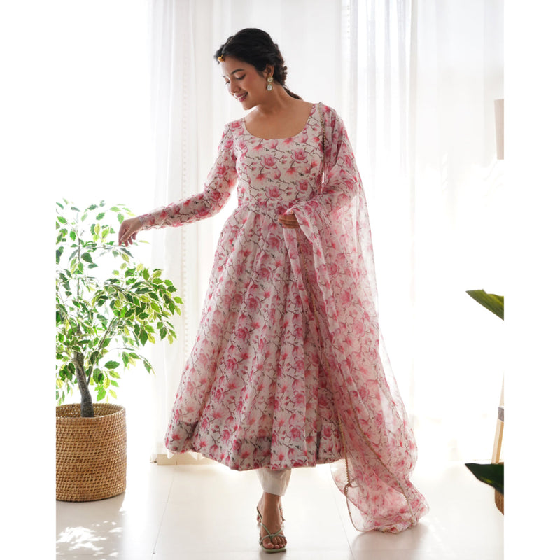 Pink Flower Pure Organza Silk Fabric Fully Flair Kali Pattern And Canvas Patta With Dupatta Set Pent Ready To Wear