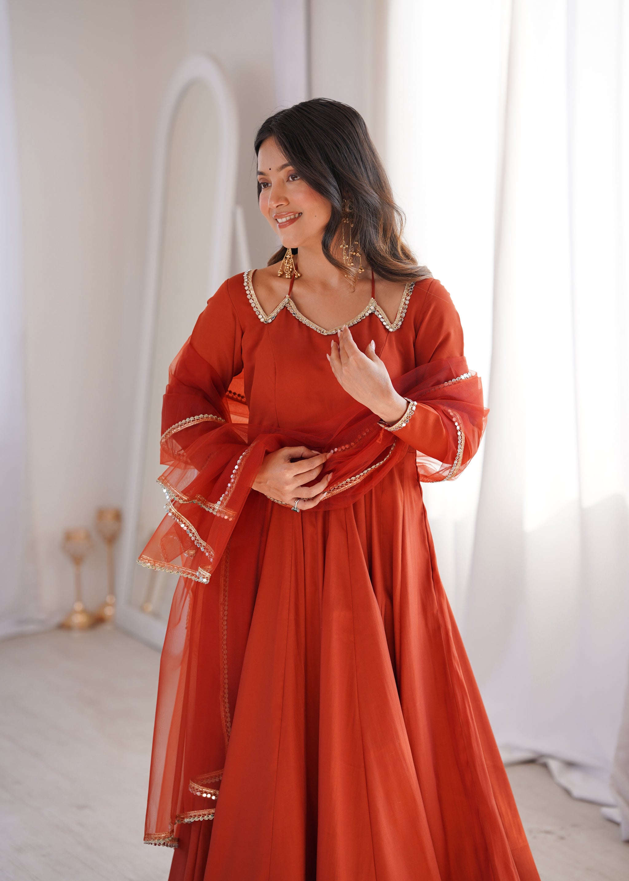 Rust Orange Color Chanderi Roman Silk Three Piece Anarkali Suit