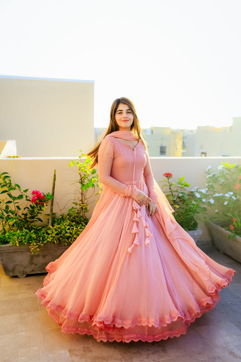 Solid Peach Long Flair Double Layered Anarkali With Dupatta