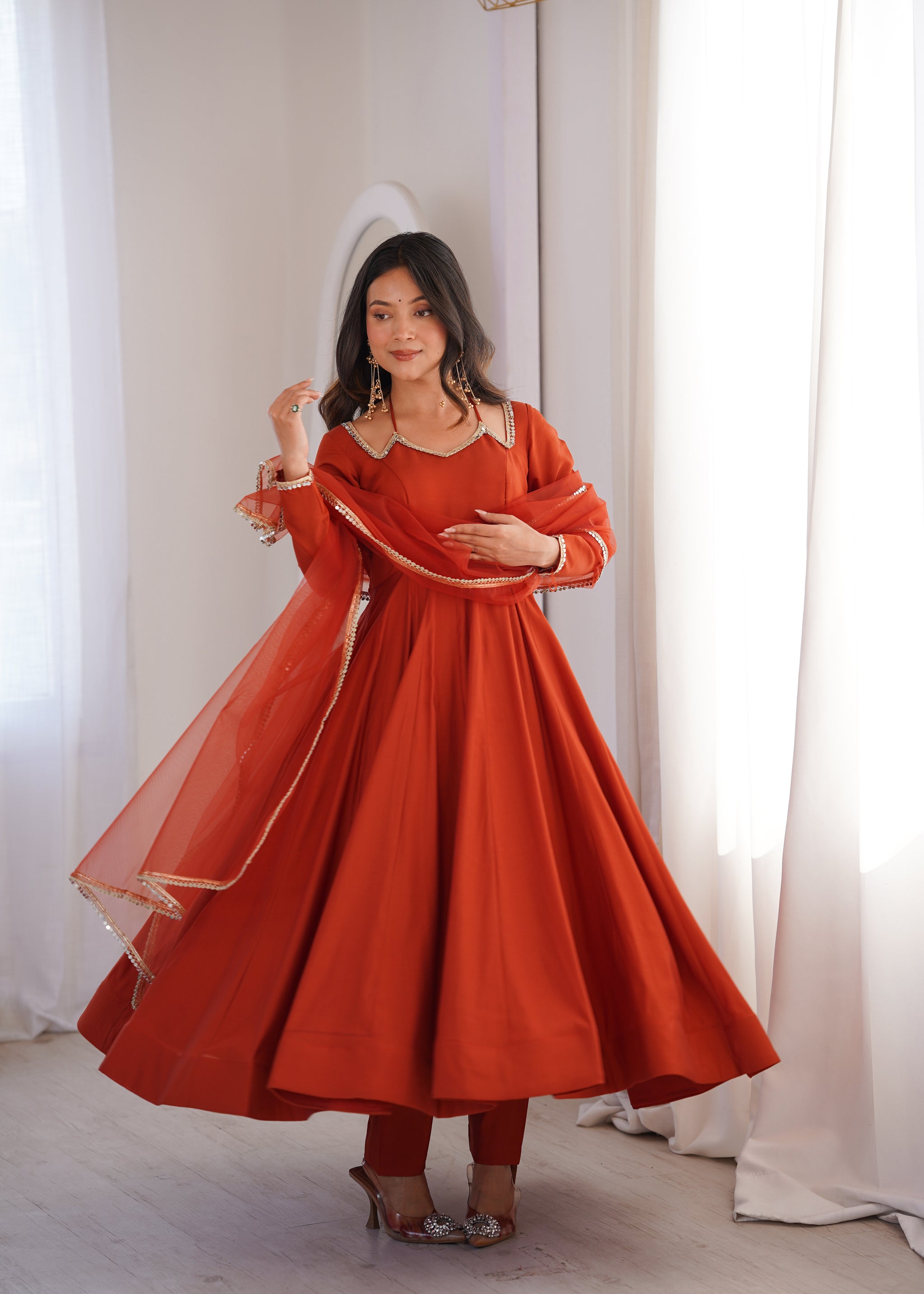 Rust Orange Color Chanderi Roman Silk Three Piece Anarkali Suit