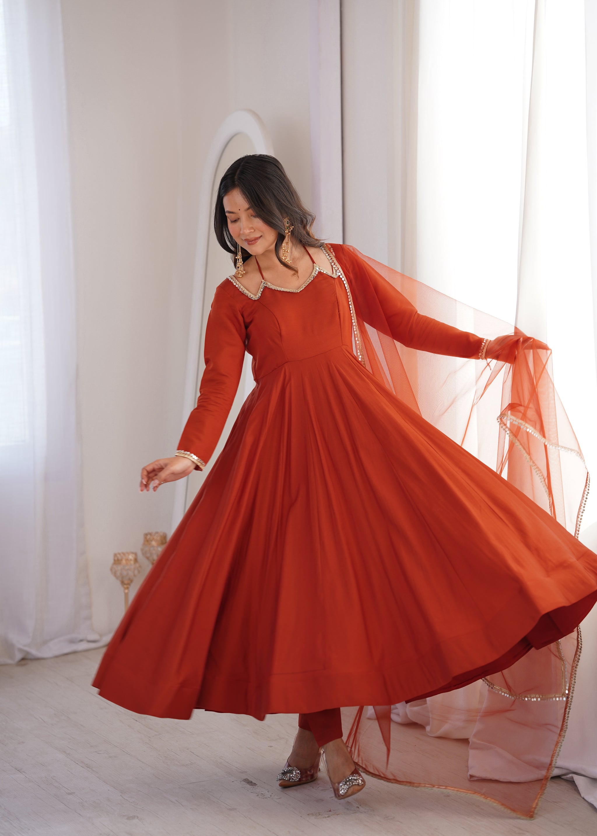 Rust Orange Color Chanderi Roman Silk Three Piece Anarkali Suit