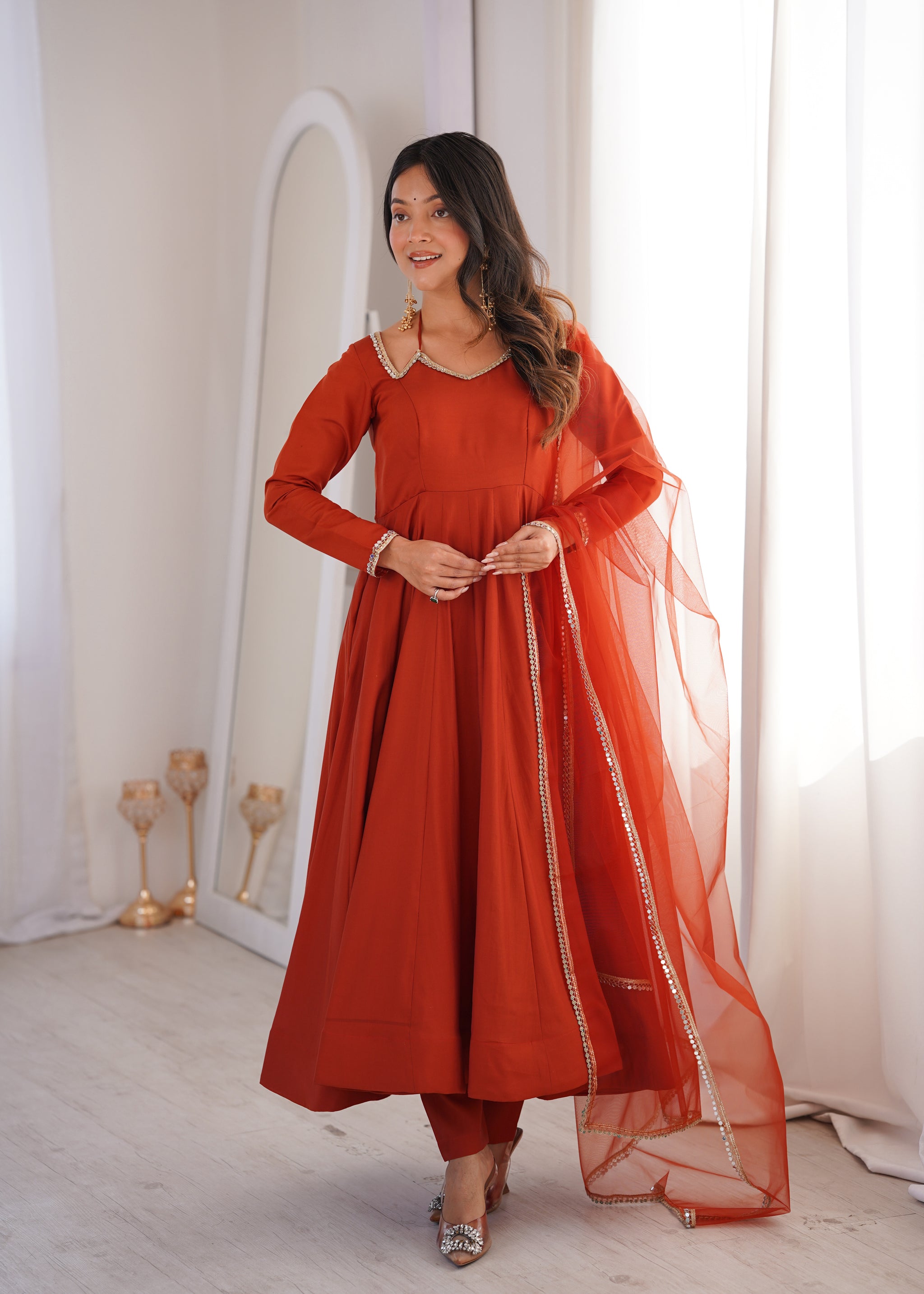Rust Orange Color Chanderi Roman Silk Three Piece Anarkali Suit
