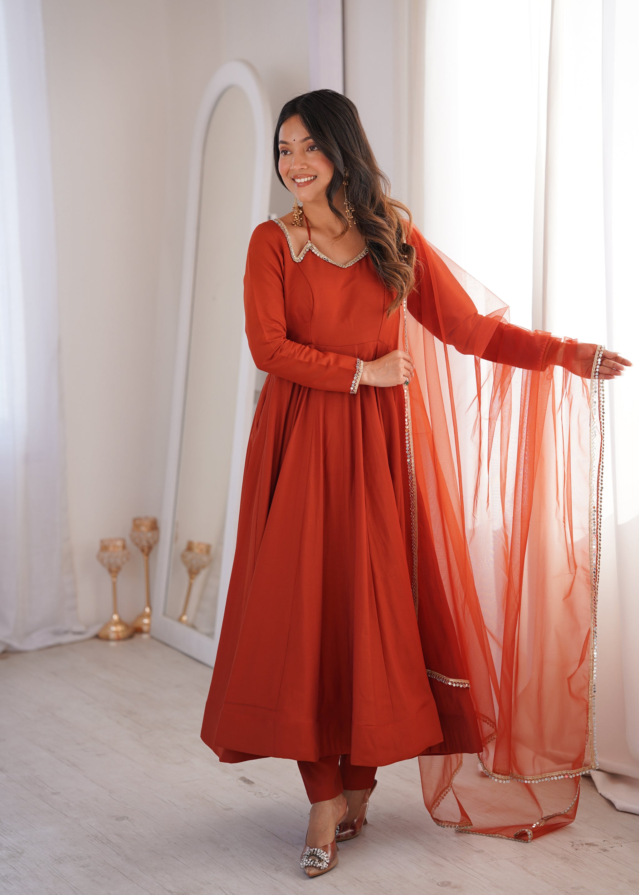 Rust Orange Color Chanderi Roman Silk Three Piece Anarkali Suit