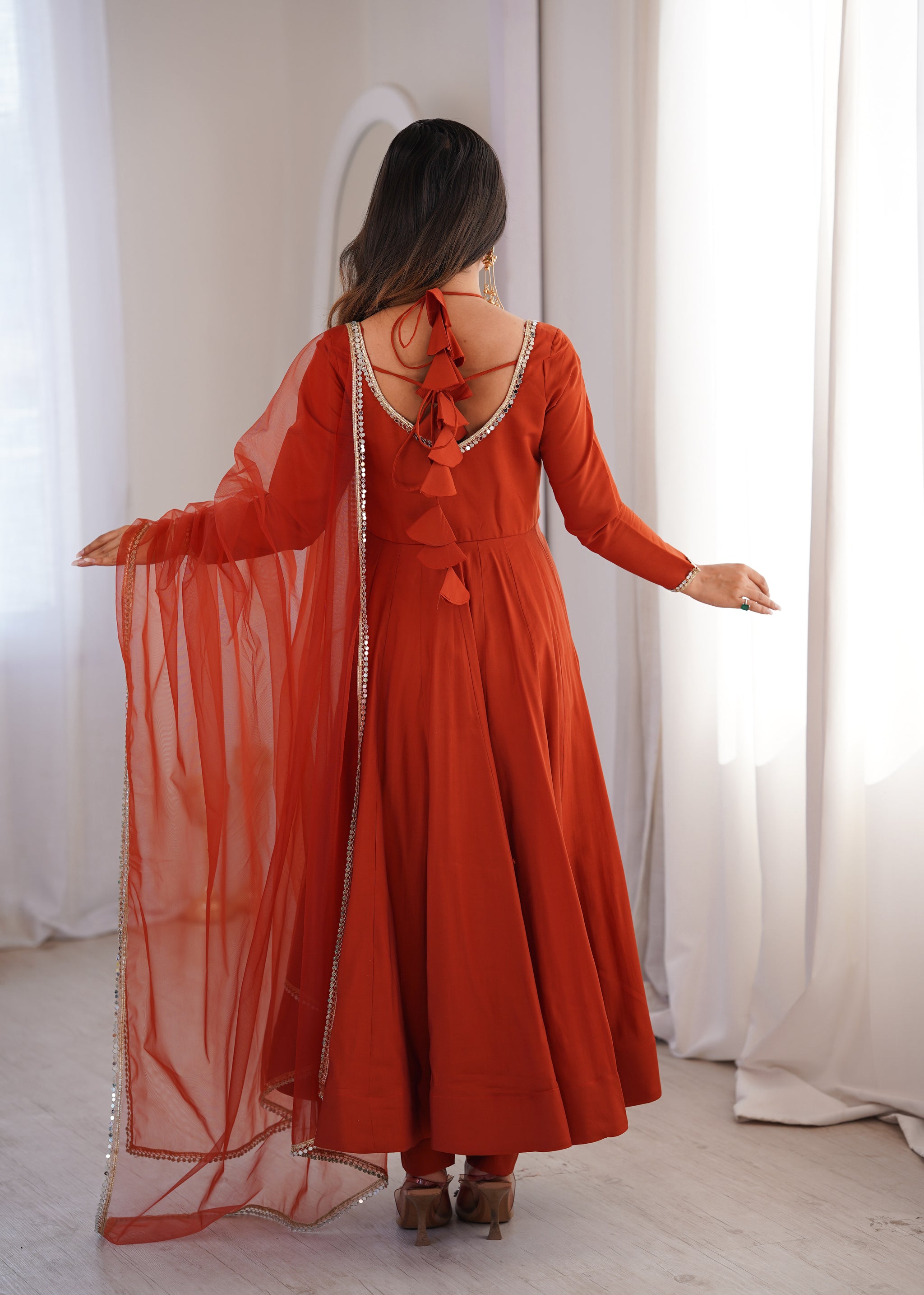Rust Orange Color Chanderi Roman Silk Three Piece Anarkali Suit