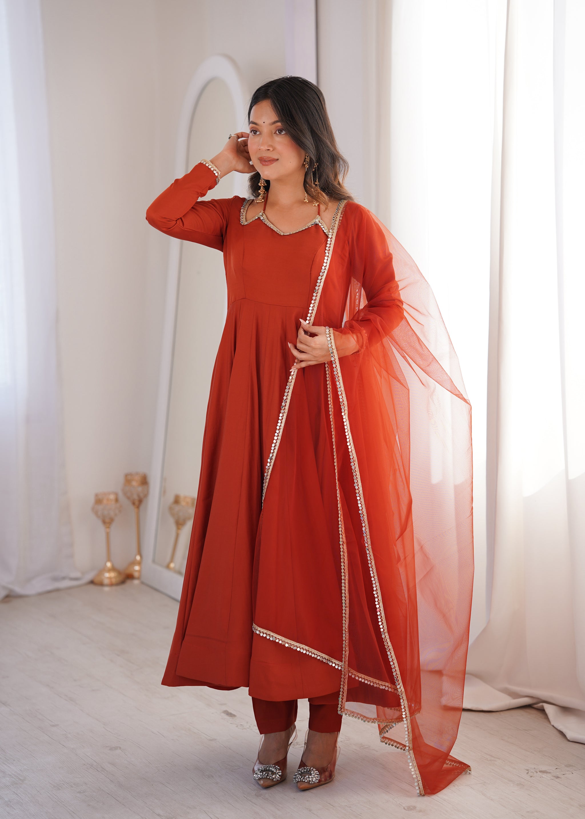 Rust Orange Color Chanderi Roman Silk Three Piece Anarkali Suit