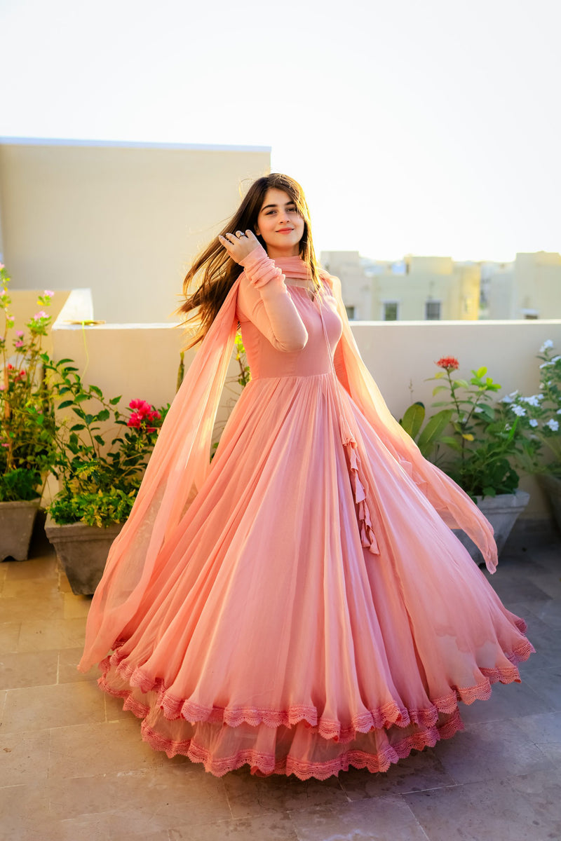 Solid Peach Long Flair Double Layered Anarkali With Dupatta