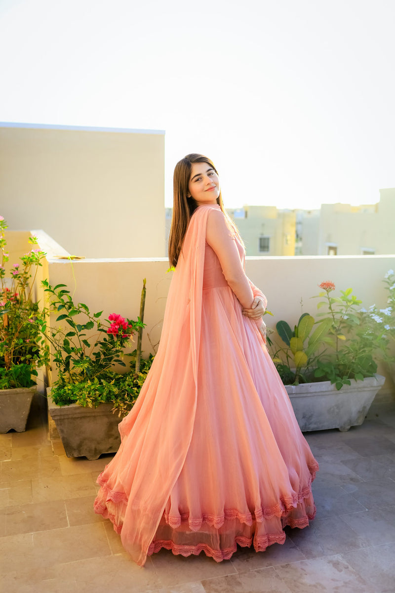 Solid Peach Long Flair Double Layered Anarkali With Dupatta