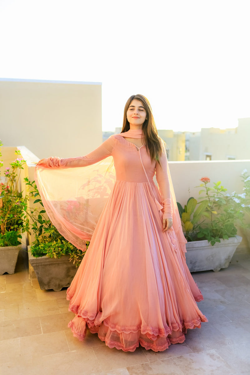 Solid Peach Long Flair Double Layered Anarkali With Dupatta