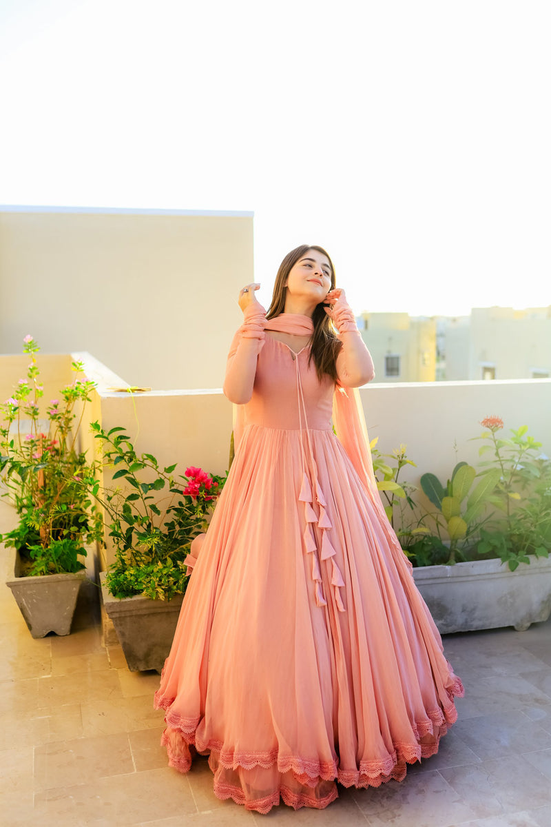 Solid Peach Long Flair Double Layered Anarkali With Dupatta