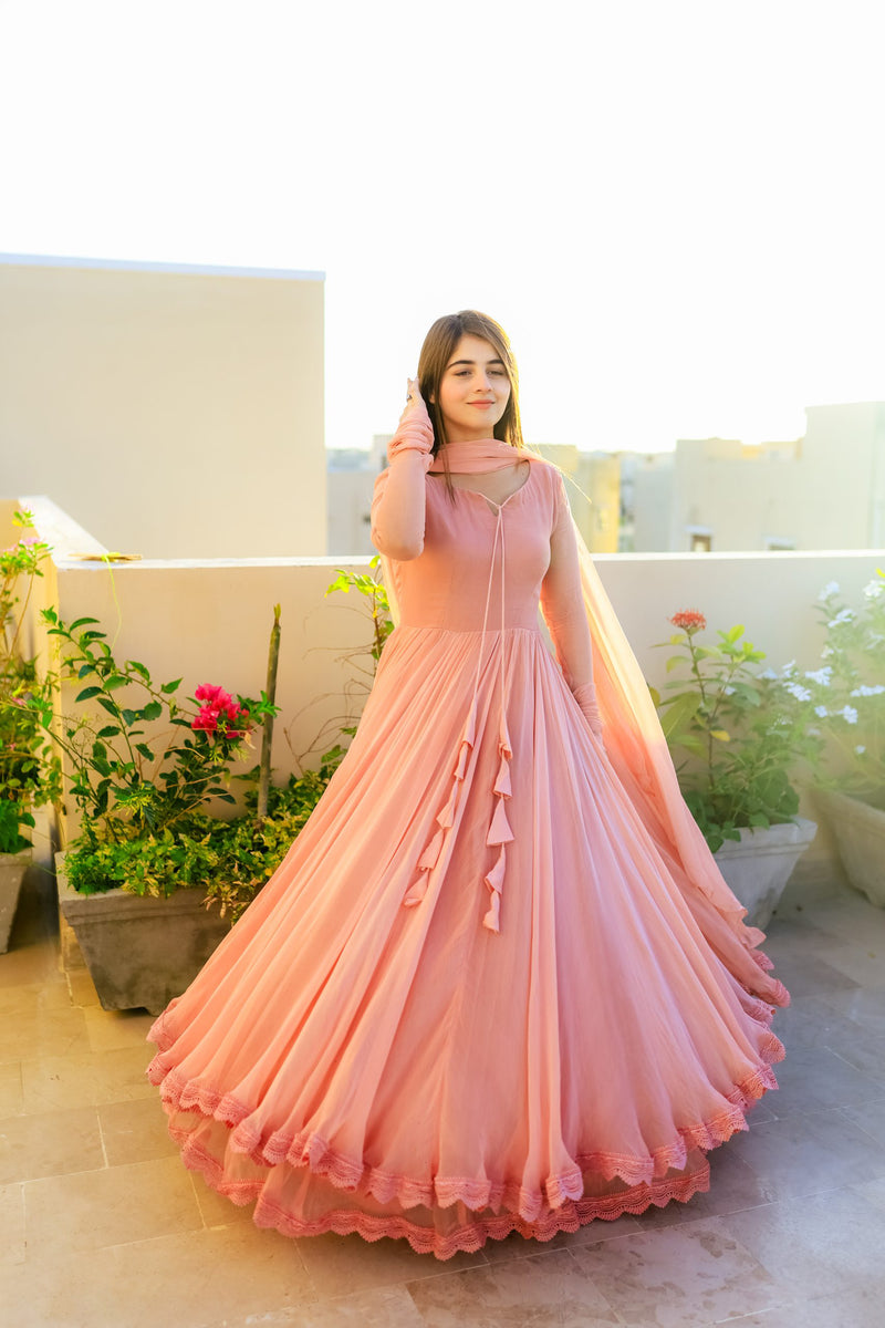 Solid Peach Long Flair Double Layered Anarkali With Dupatta