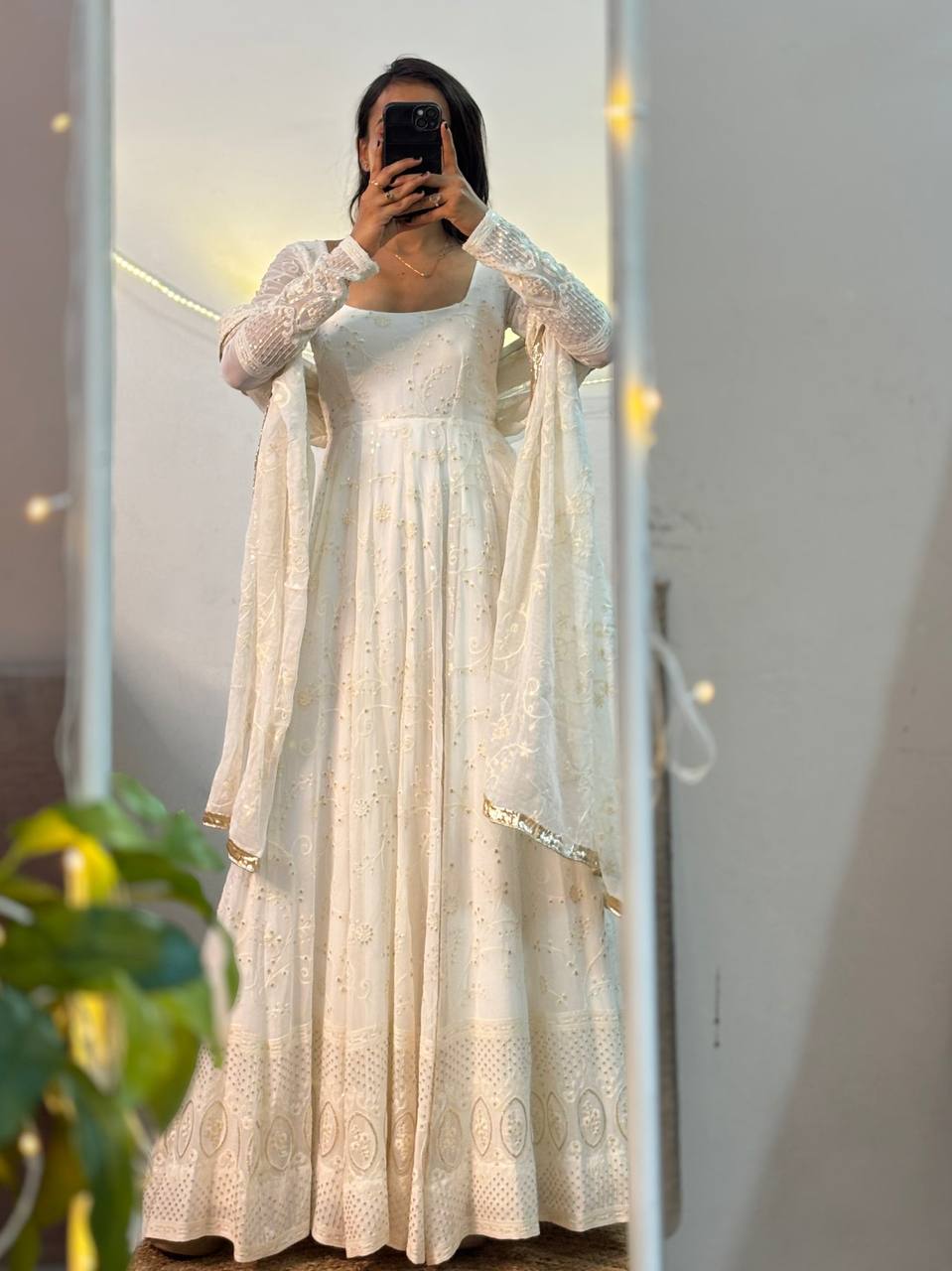 White Ivory Sequin Embroidered Anarkali Suit with Dupatta