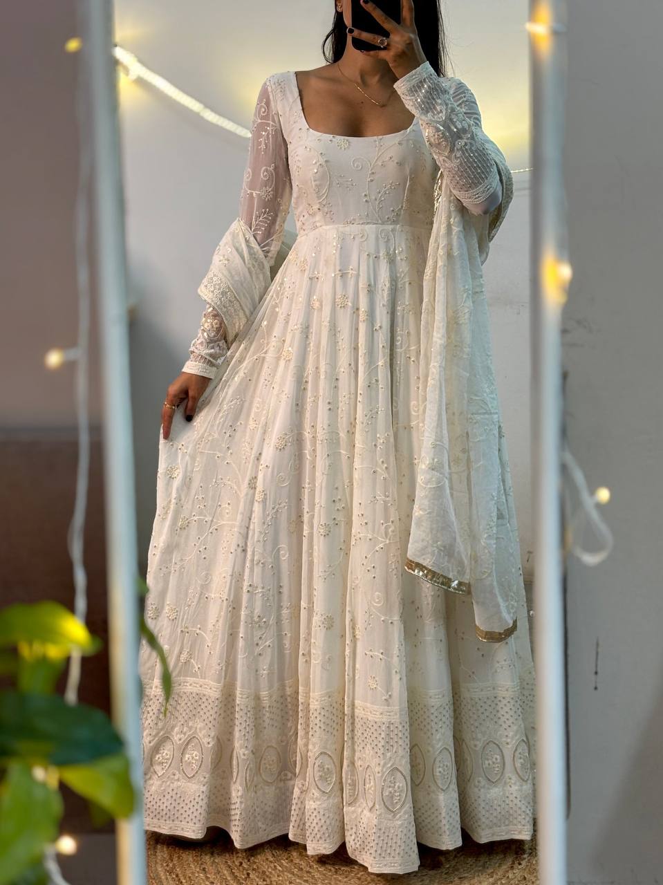 White Ivory Sequin Embroidered Anarkali Suit with Dupatta