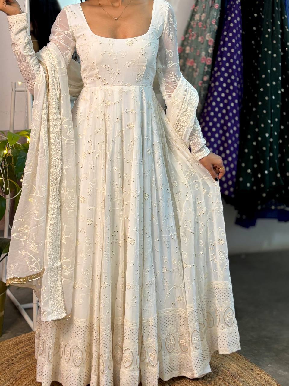 White Ivory Sequin Embroidered Anarkali Suit with Dupatta