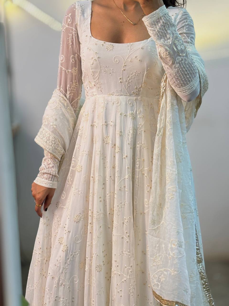 White Ivory Sequin Embroidered Anarkali Suit with Dupatta