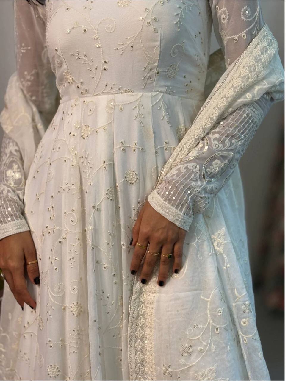 White Ivory Sequin Embroidered Anarkali Suit with Dupatta